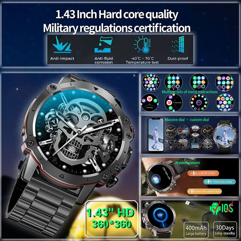 2024 New Rugged Military Outdoor Smart Watch For Men BT Call Waterproof Sports fitness Watches Blood Oxygen Smartwatch relojes