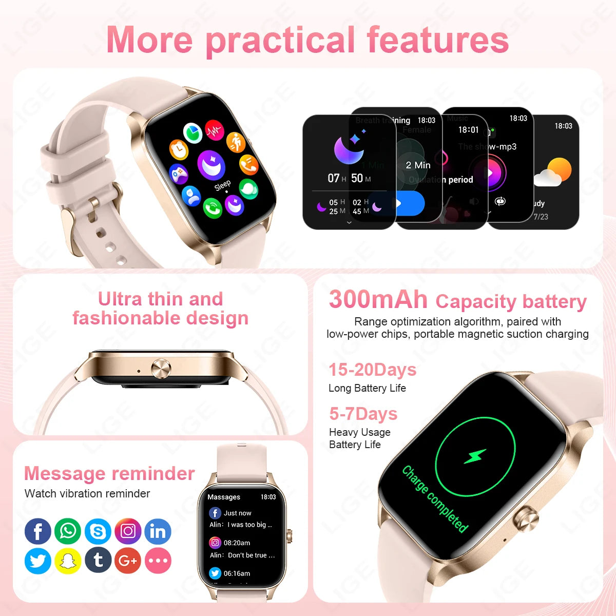 LIGE Fashion Smart Watch Women 1.85” HD Screen Custom Watch Face Women’s Health Monitor Watch Bluetooth Call Sports Smartwatches