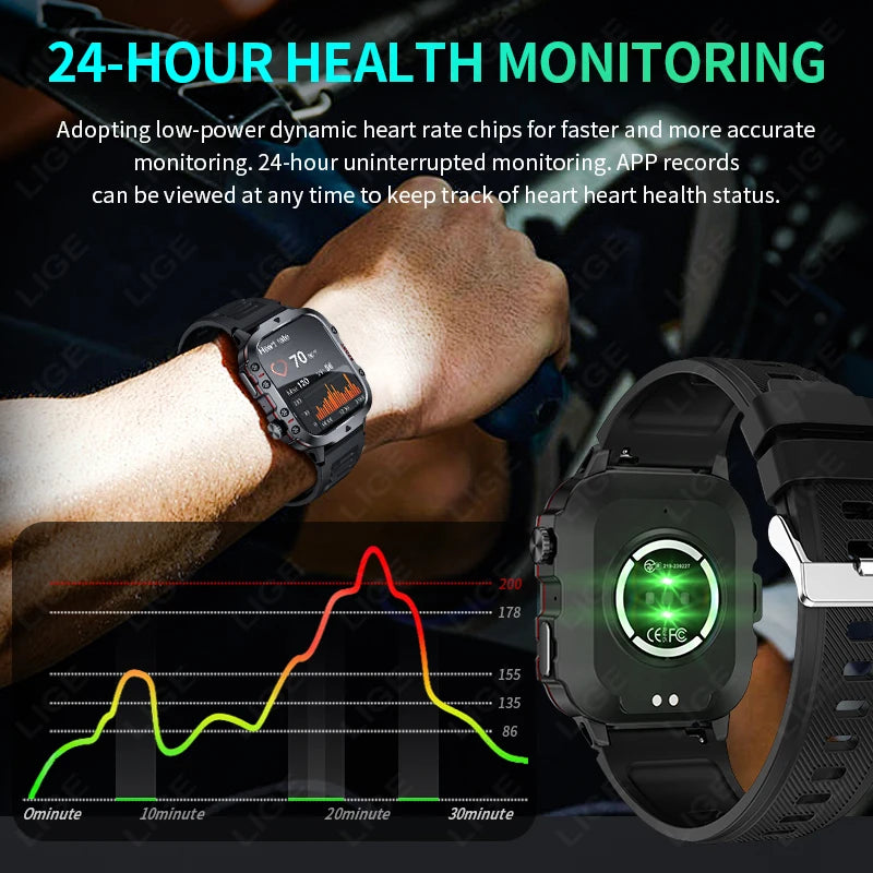 LIGE Rugged Military Smart Watch Men Bluetooth Call 3ATM Waterproof Heart Rate Sleep Monitoring Smartwatch 2024 For Android IOS