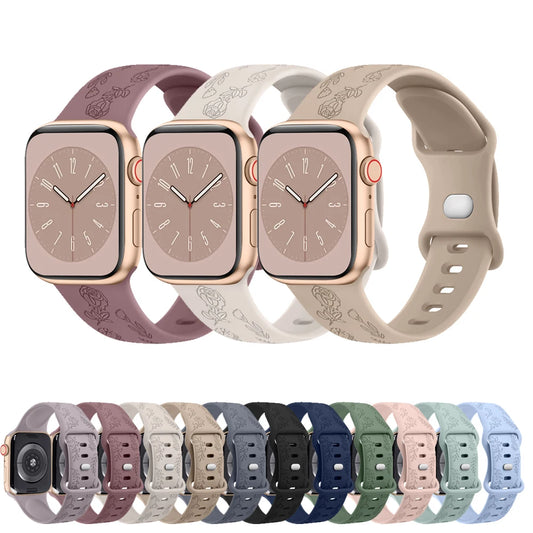 Silicone Strap For Apple Watch Band 49mm 44mm 42mm 41mm 40mm 45mm Floral Engraved Band For iwatch series 9 7 SE 6 8 5 4 Ultra 2