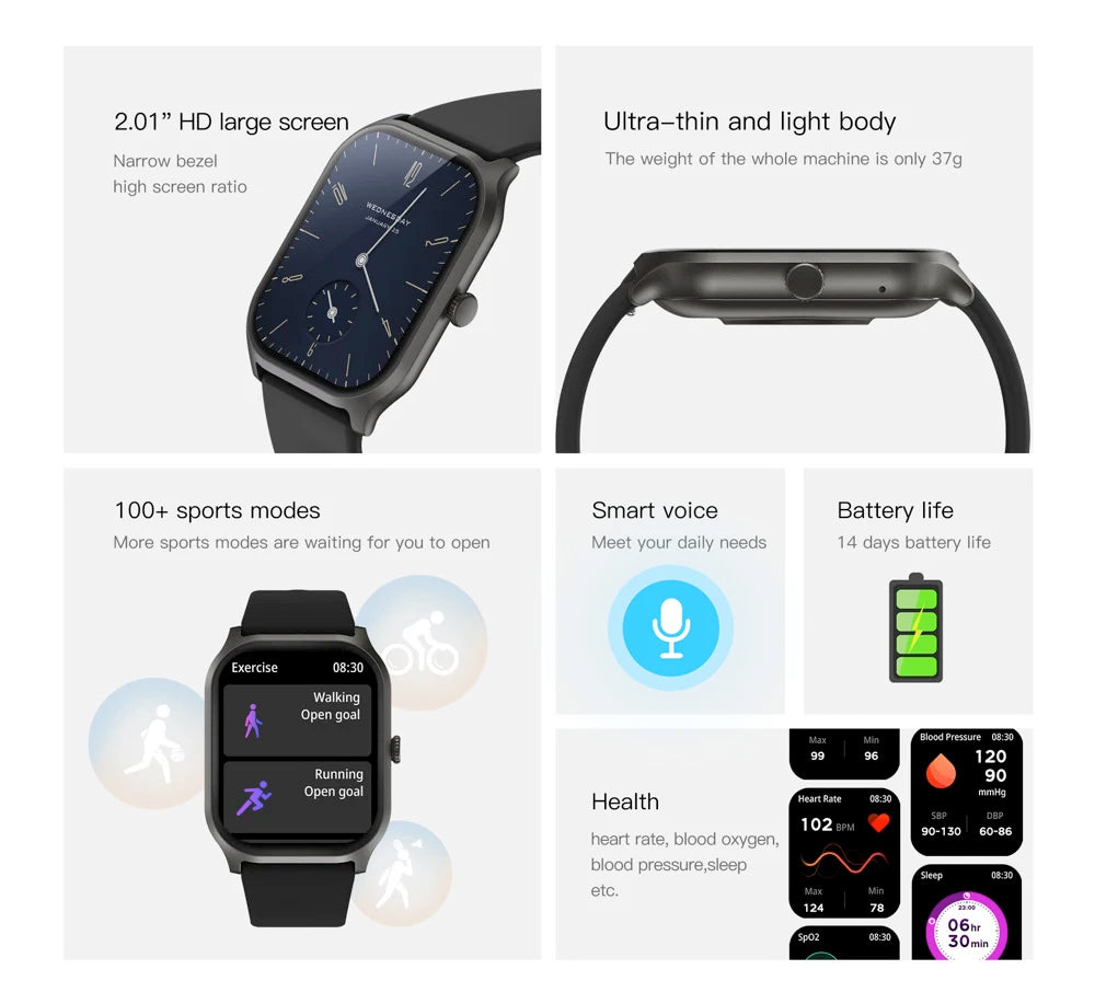 2024 New Smart Watch 2.01" Men Women Sports Fitness Heart Rate Watches Blue Tooth Call Voice Assistant Waterproof Smartwatch