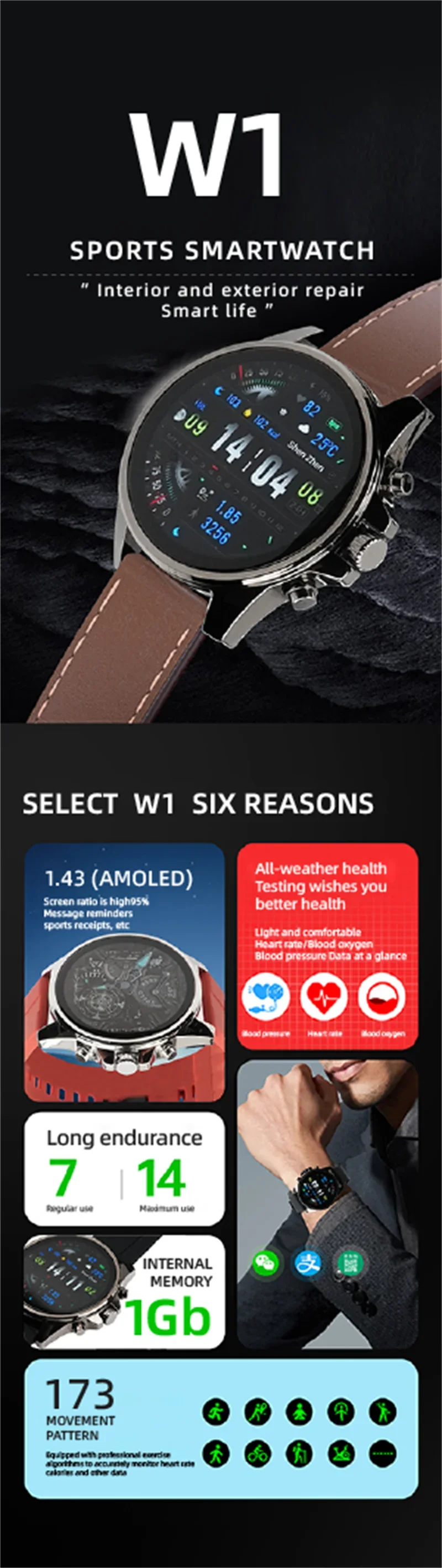 2024 Hello W1 Amoled HD Bluetooth Call Smartwatch Men Sports Heart Monitor 1GB Local Music 400mAh Smart Watch for Android IOS