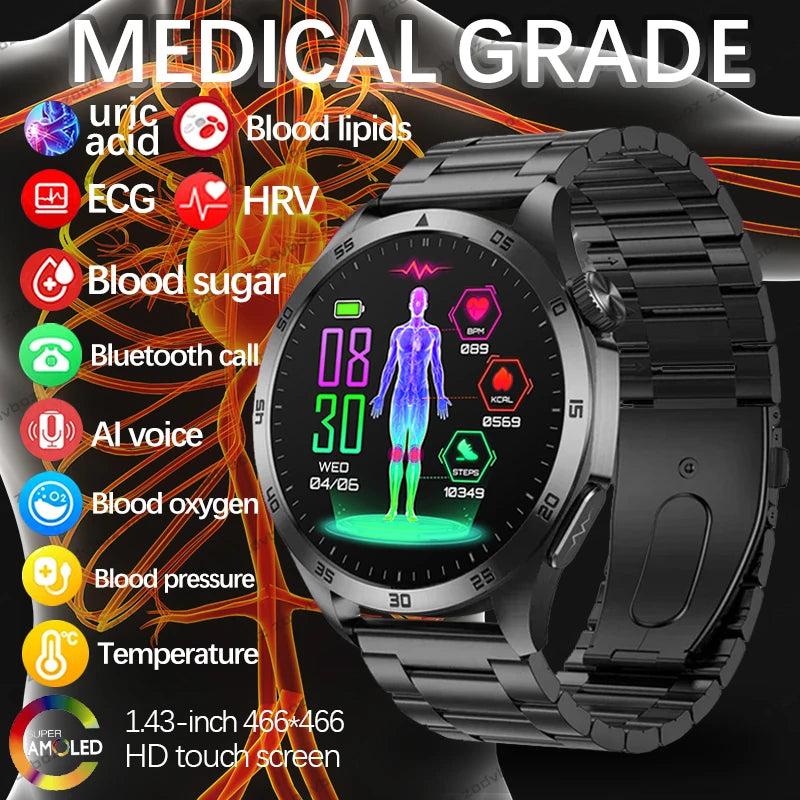 2024 New Blood Lipids Uric Acid Blood Glucose Smart Watch Men ECG+PPG Fitness Tracker Clock Heart Rate Bluetooth call Smartwatch