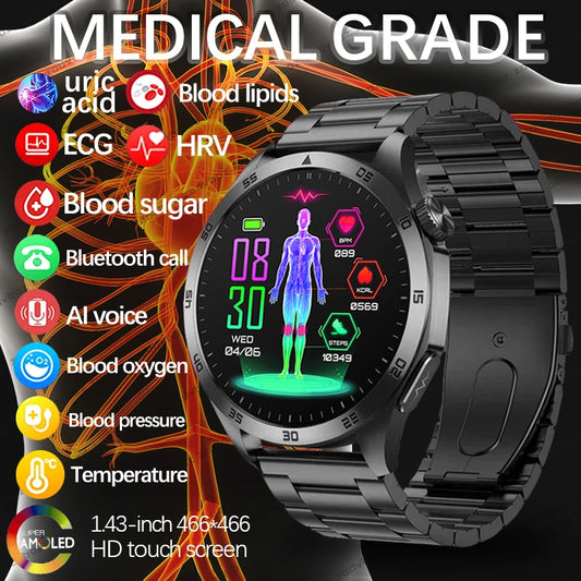 2024 New Blood Lipids Uric Acid Blood Glucose Smart Watch Men ECG+PPG Fitness Tracker Clock Heart Rate Bluetooth call Smartwatch