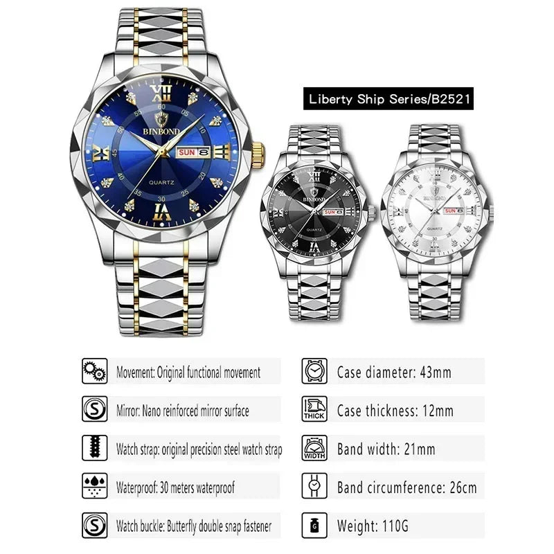 2024 Luxury Men Watch High Quality Waterproof Luminous Men's Wristwatch Date Week Man Watches Quartz Clocks durable