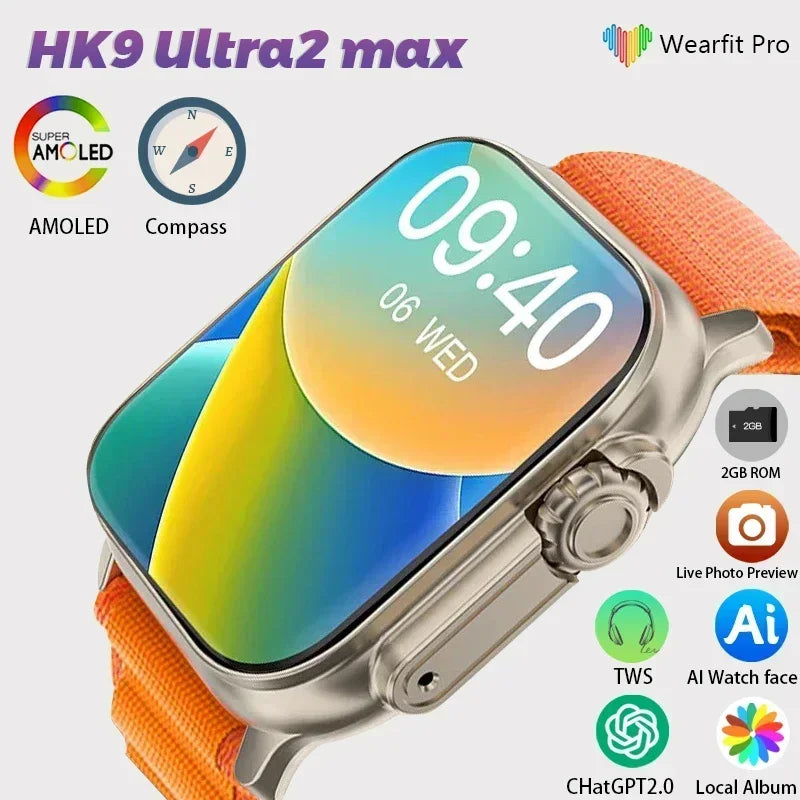 Smartwatch 2024 New HK9 Ultra 2 Max 49mm HD AMOLED 4G ROM ChatGPT NFC Compass Clock Bluetooth Call Smart Watch Men Women For IOS