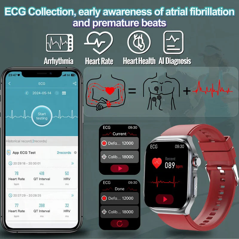 2024 New Medical Grade Smart Watch Men's Ecg Nfc Watches AMOLED Blood Glucose Oxygen Lipid Health Fitness Call Smartwatch Men