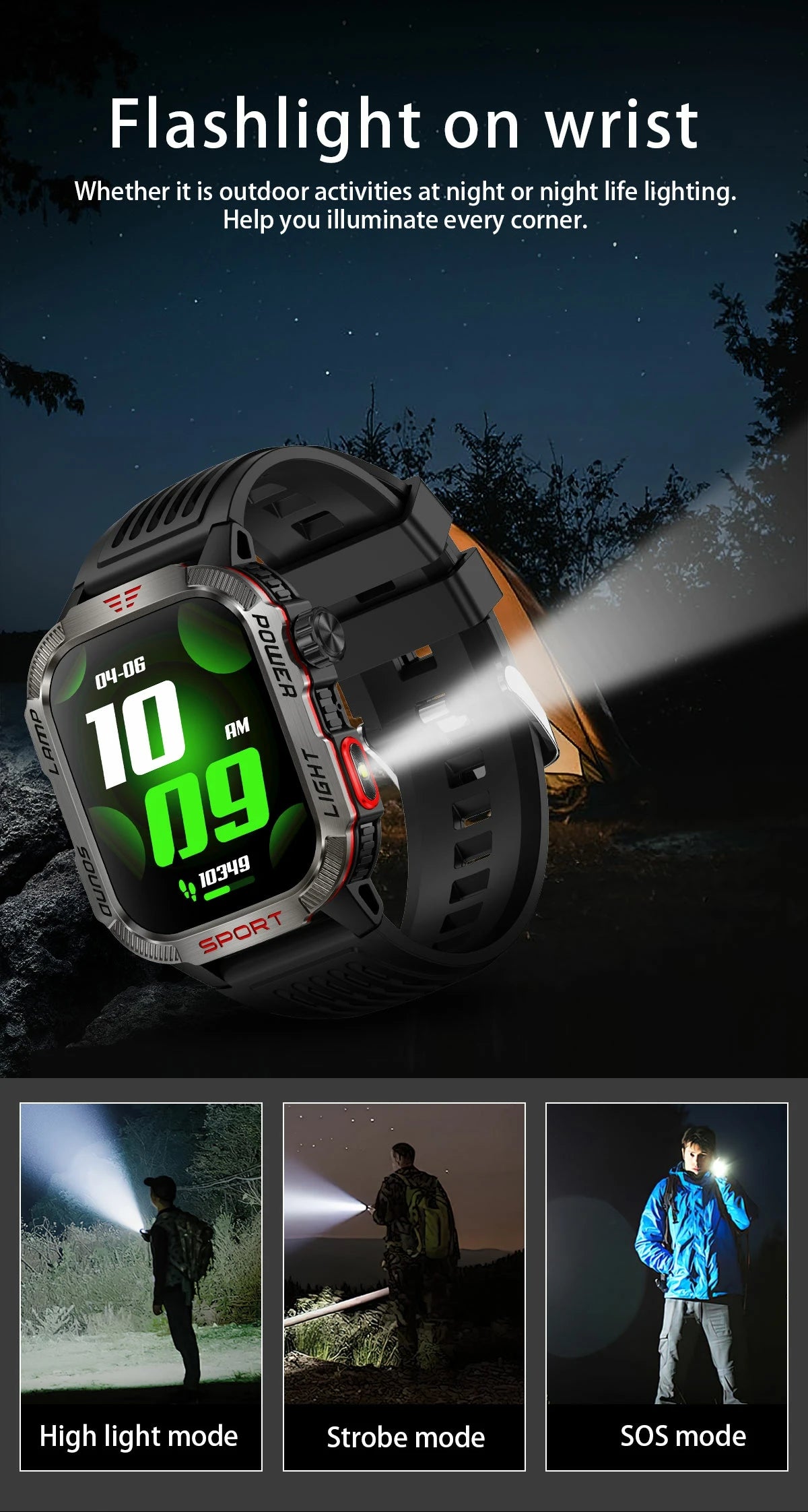 2024 Smarthwhatch Flashlight Outdoor Sports Smart Watch Men Women 600mah reloj hombre Compass Bluetooth Music 2.01'' Smartwatch