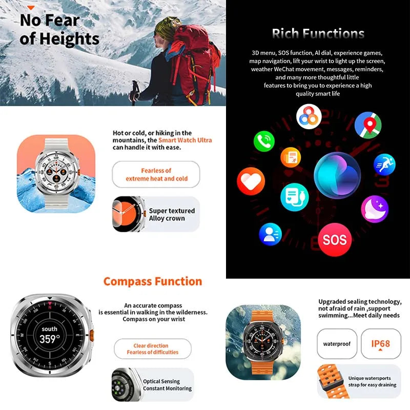 2024 New For Samsung Galaxy Watch Ultra Men Smartwatch Bluetooth Call IP68 Waterproof Amoled Always Display GPS Tack Smart Watch