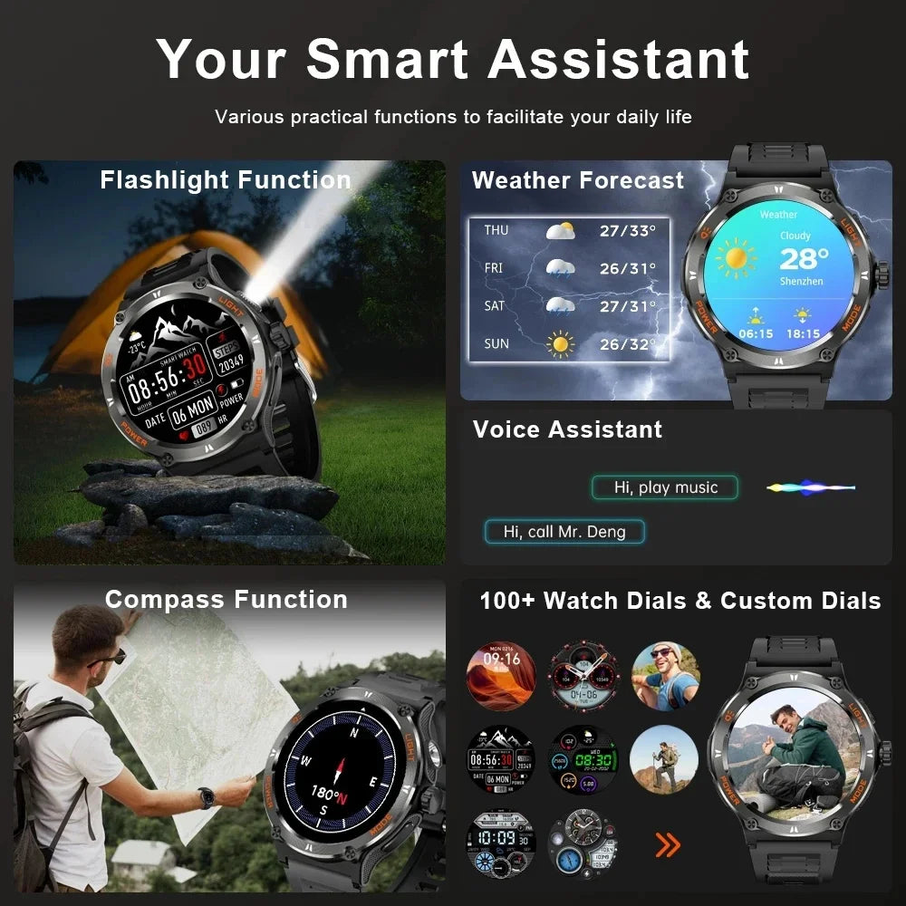 2024 For HUAWEI Xiaomi Smart Watch Men Outdoor GPS Sport Trajectory Compass LED Flashlight 3ATM Waterproof BT5.3 Call Smartwatch