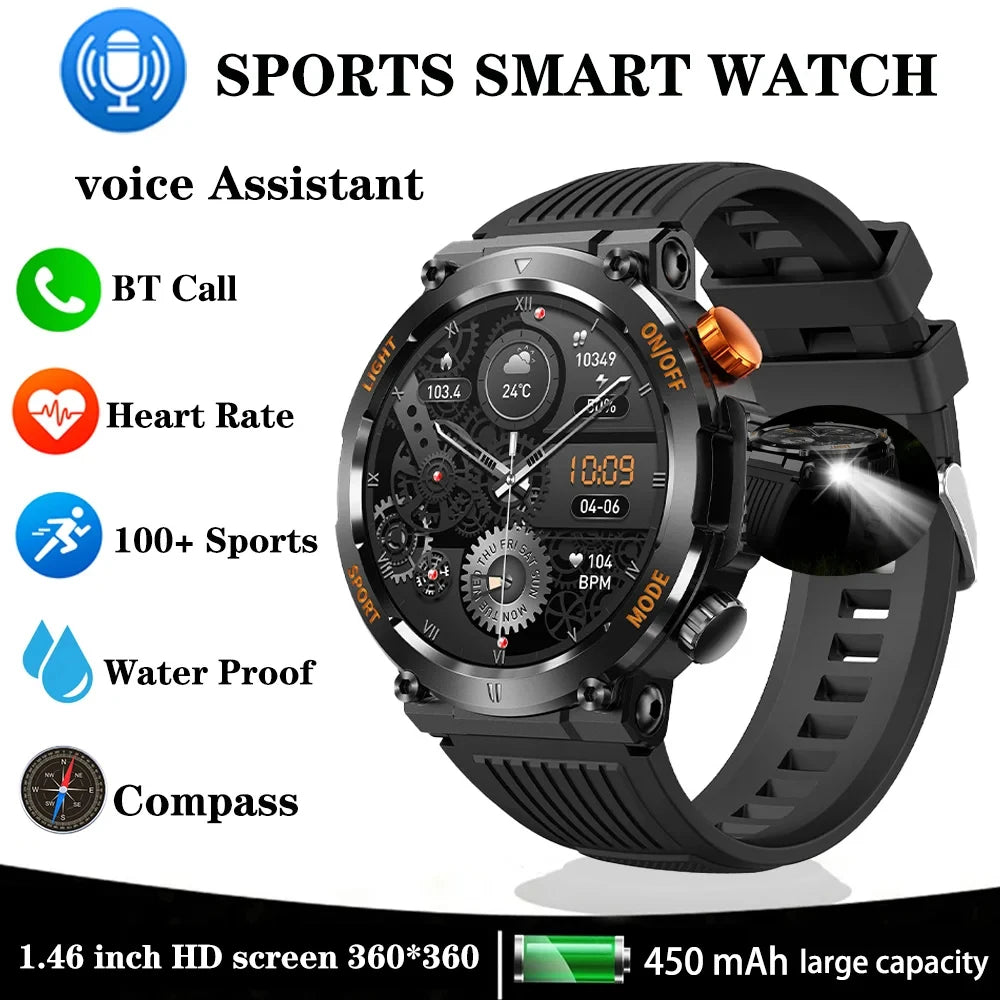 Smart Watch Men With LED Lighting Compass Sports Fitness Tracker Watch IP67 Waterproof Bluetooth Talk SmartWatch 2024