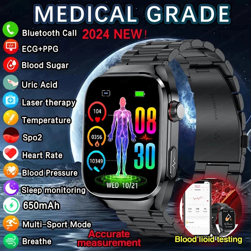 2024 New Medical Grade Health Smart Watch for Women Men Blood Sugar Fat Uric Acid Monitoring HD AMOLED Bluetooth Call smartwatch