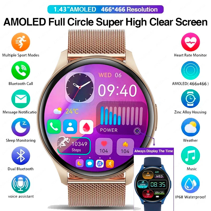 For Xiaomi Huawei 1.43 inches Bluetooth Call Smartwatch Women Men AMOLED 466*466 HD Pixel Display Smartwatches Ladies 2024 New