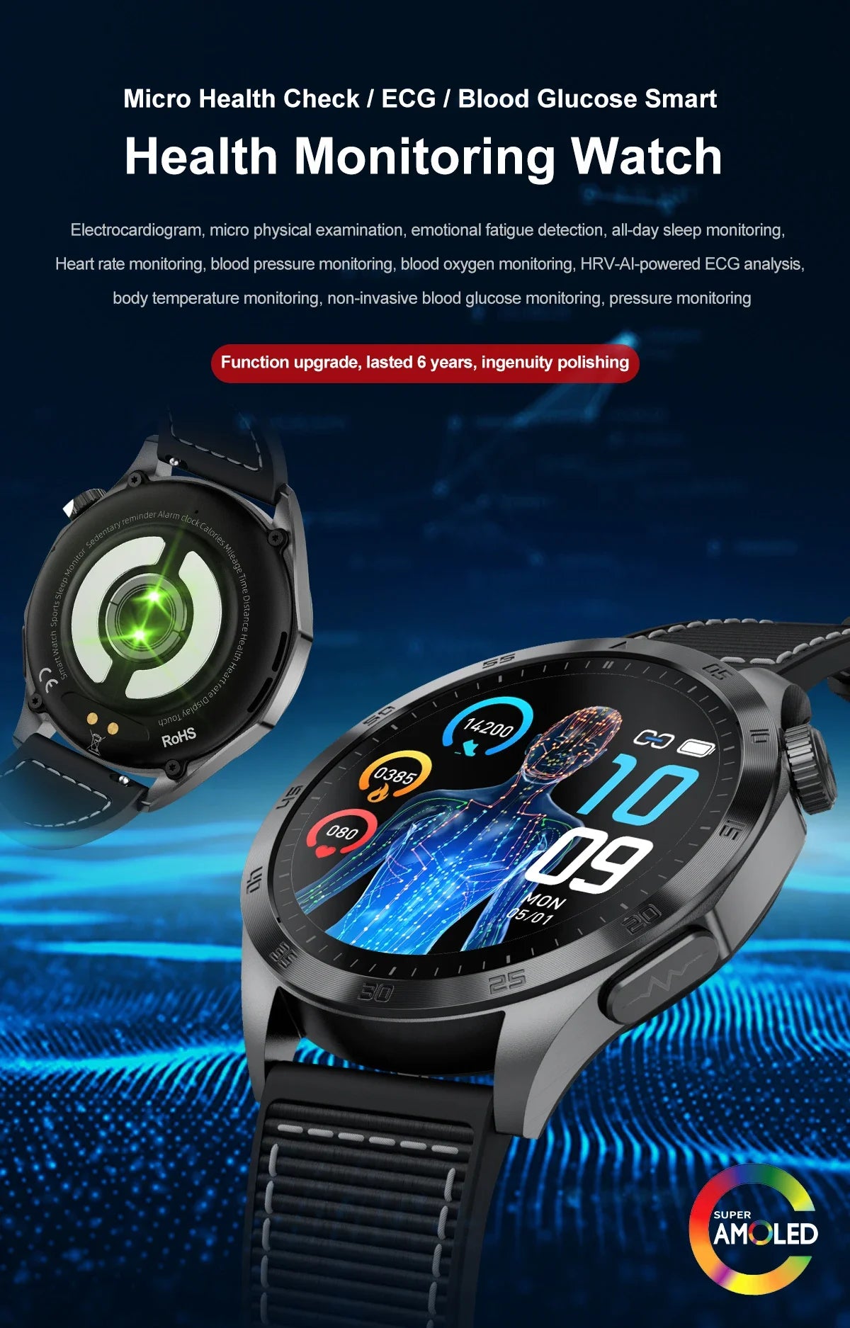 2024 New Micro Physical Examination Blood Lipids Uric Acid Blood Glucose Smart Watch ECG+PPG Clock Bluetooth Call Smartwatch Men