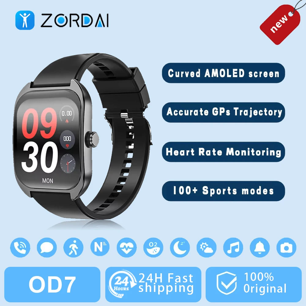 Zordai OD7 Smartwatch Men 1.96"HD Curved Screen Bluetooth Call Sport Fitness Tracker Women Wrist Watches Waterproof Smart Watch