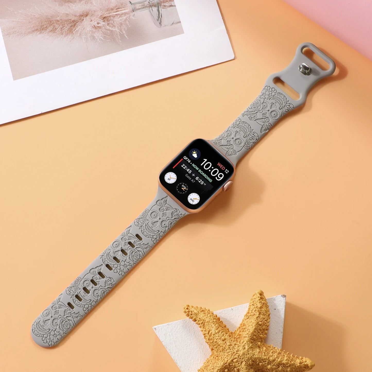 Skull Engraved Strap For Apple Watch Band Ultra 2 49mm 45 44 40 41 42 38mm Floral Silicone Bracelet For iWatch Series 8 9 765 SE