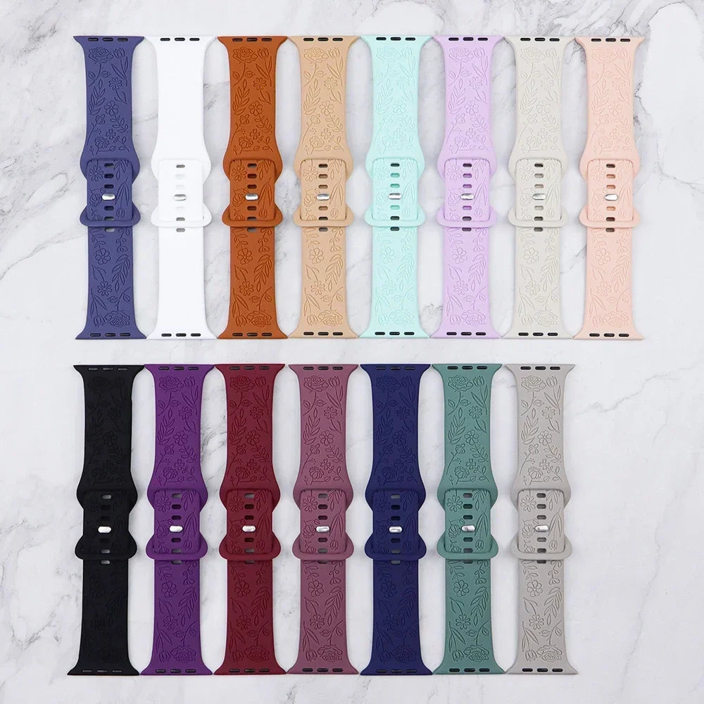 Fashion Engraved Strap for Apple Watch Ultra 2 Band 49mm 45mm 44mm 40 41mm Floral Silicone Bracelet IWatch Series 9/8/7/6/5/4/se