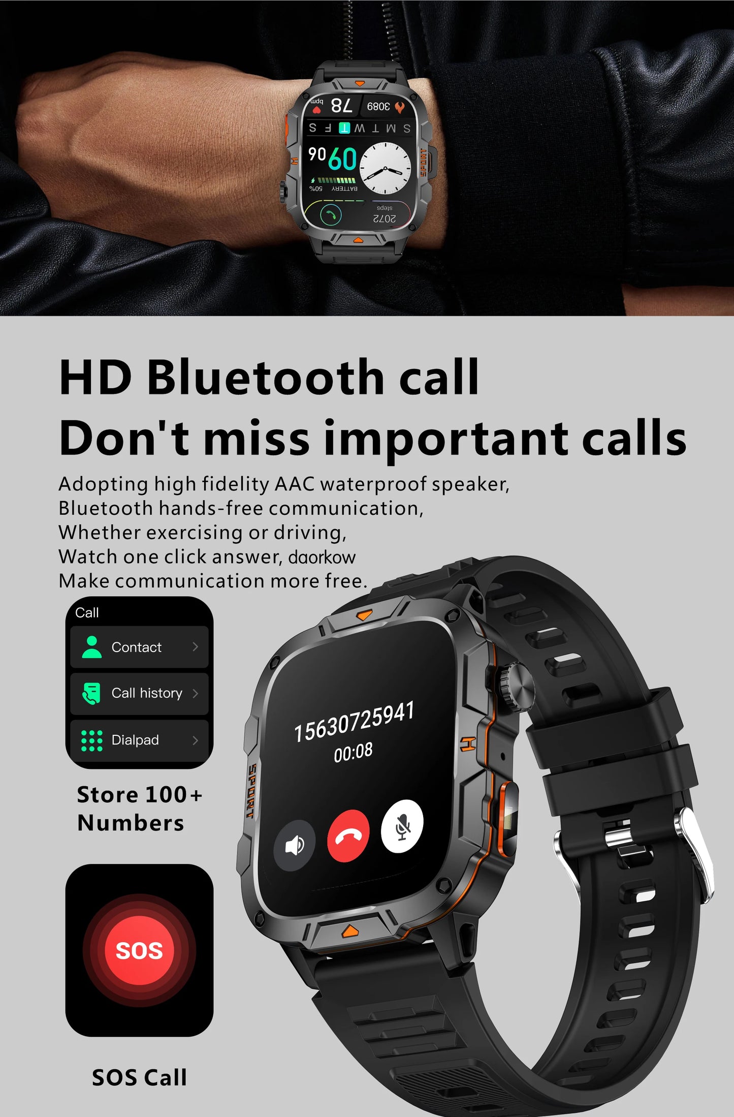 2024 Outdoor Military 3ATM Waterproof Smart Watch Men 420mAh Battery Heart Rate Sports Fitness Watches Bluetooth Call Smartwatch