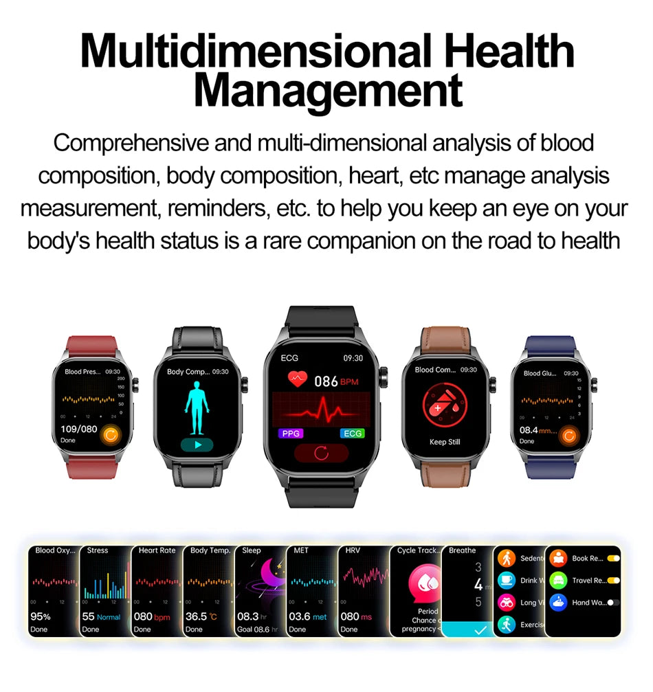 ECG Heart Monitor SOS Bluetooth Call Waterproof Sports Smartwatch 2.04'' HD Screen AI Medical Diagnosis Men Smart Watch 2024 New