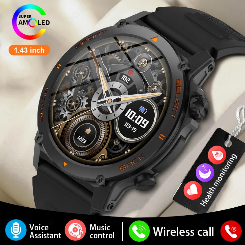 2024 New Smart Watch Men 1.43-inch AMOLED Screen Bluetooth Call Sport Fitness Tracker Sleep Health Monitor Waterproof Smartwatch