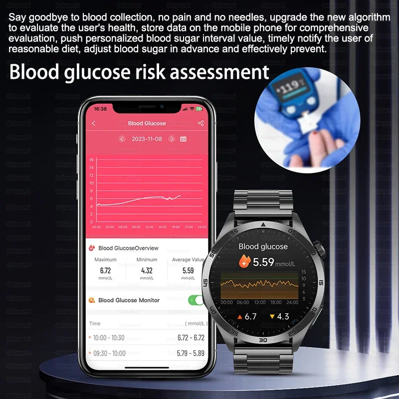 2024 New Blood Lipids Uric Acid Blood Glucose Smart Watch HD AMOLED Screen Men ECG+PPG Bluetooth Call Health tracker Smartwatchs