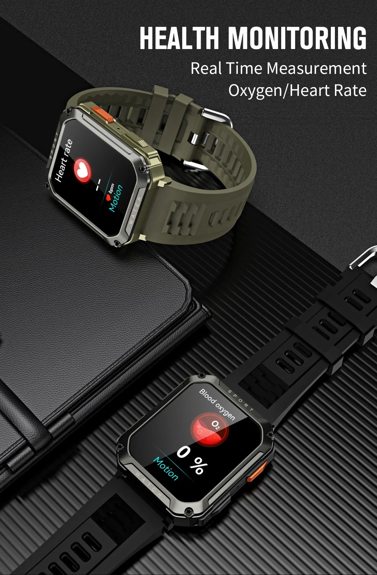 2024 Military Rugged Smartwatch Men Outdoor IP67 Waterproof Heart Rate Blood Oxygen Monitoring Custom Dials Sports Wrist Watches