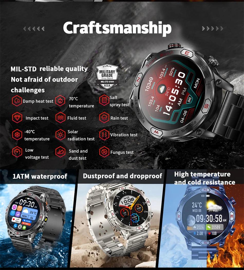 LED Flashlight Smartwatch Men 450mAh Large Battery Health Monitoring IP68 Waterproof Bluetooth Call Smart Watch Men 2024 New