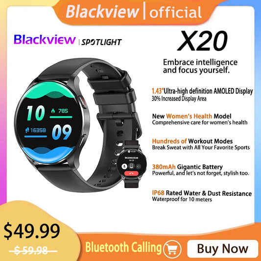 Blackview 2024 New X20 Smart Watch 1.43” HD AMOLED Display Bluetooth Calls Smartwatch for Men Women Health and Fitness Tracking