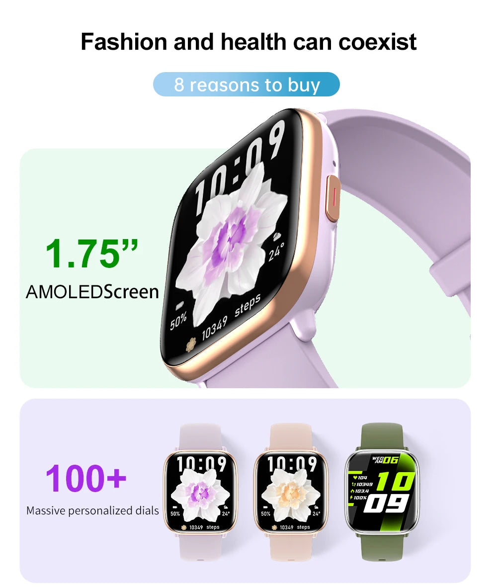 New Women Smartwatch 1.75inch AMOLED HD Screen Bluetooth Call Men Smartwatch Heart rate Sleep Track Waterproof Smartwatch 2024