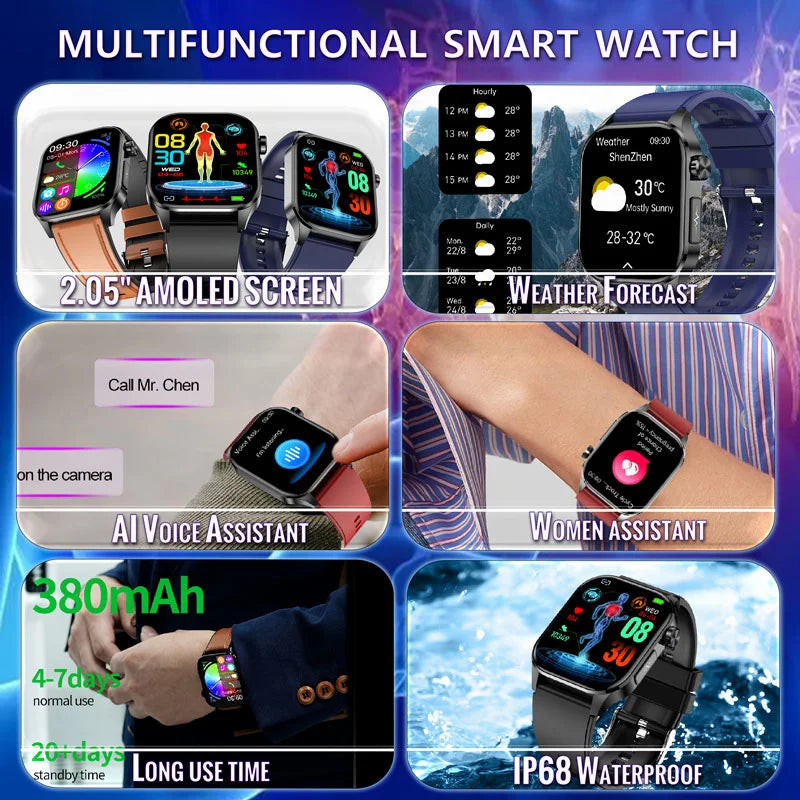 2024 New Ecg Smart Watch Men for Adroid Xiaomi Ios Watches 2.04'' AMOLED Medical Grade Fitness Tracker Bluetooth Call Smartwatch