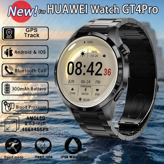 For HUAWEI GT4Pro GPS NFC Smart Watch Men 360*360 AMOLED Screen Heart rate Bluetooth Call IP68 Waterproof Man Smartwatch 2024