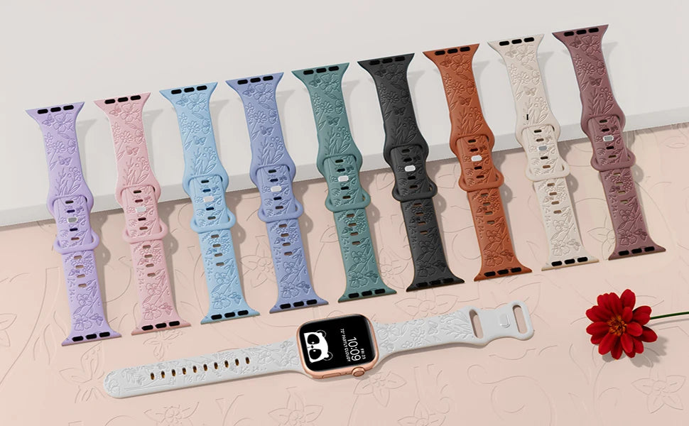 Floral Engraved Strap For Apple Watch Band 40mm 41mm 45mm 44mm 49mm 38mm 42mm silicone bracelet iwatch series 9 7 se 6 8 ultra 2