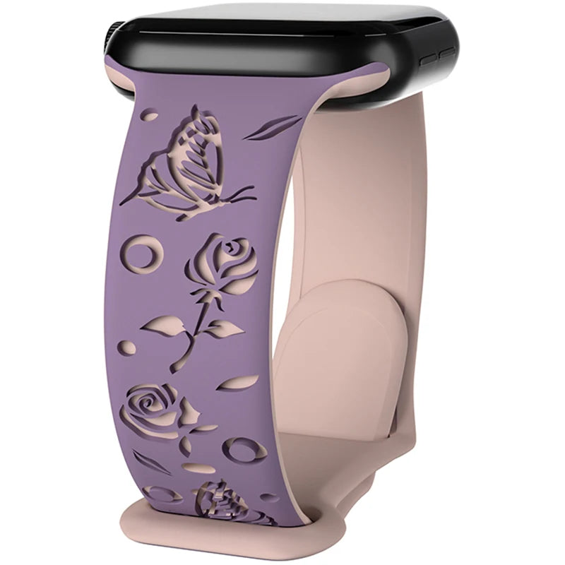 Floral Engraved Strap for Apple Watch Band 38mm 40mm 41mm 42mm 44mm 35mm 49mm Silicone Bracelet Iwatch Series Ultra 9 8 7 SE 6 5