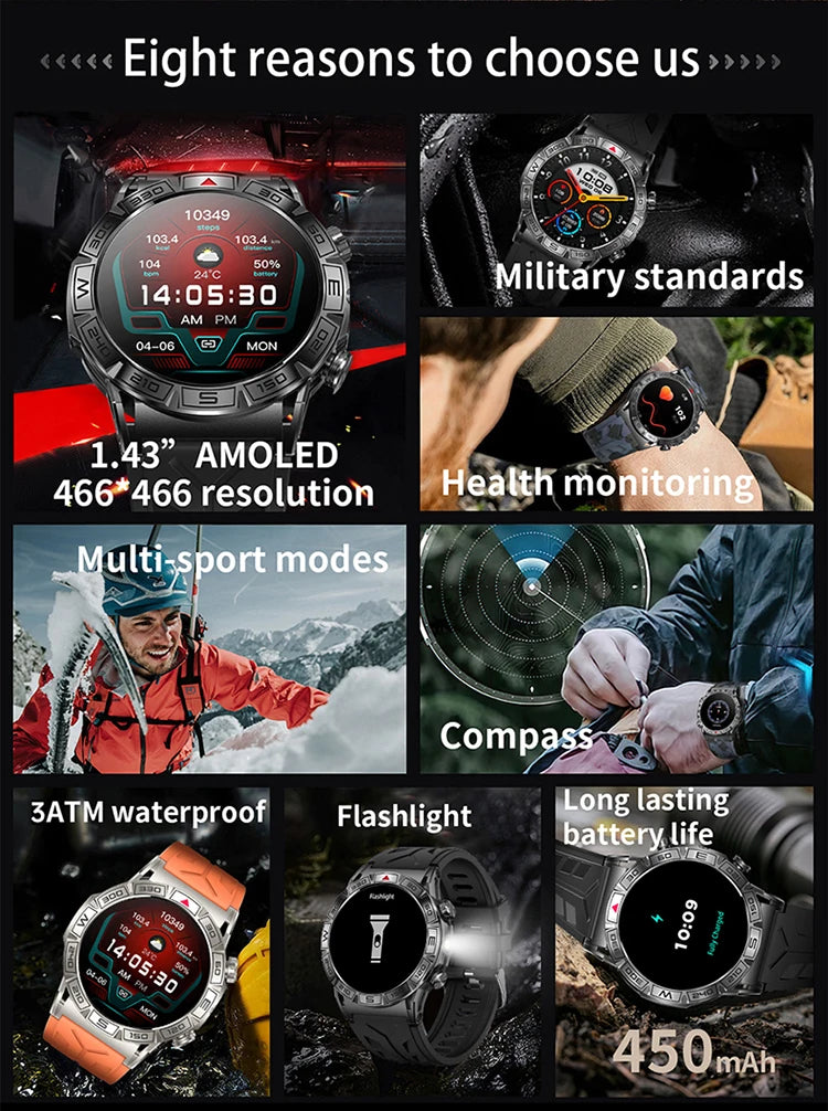 SKMEI 2024 Men Flashlight Smart Watch Compass Sport Waterproof Smartwatch Bluetooth Call Smartwatches 450mAh Battery Wristwatch