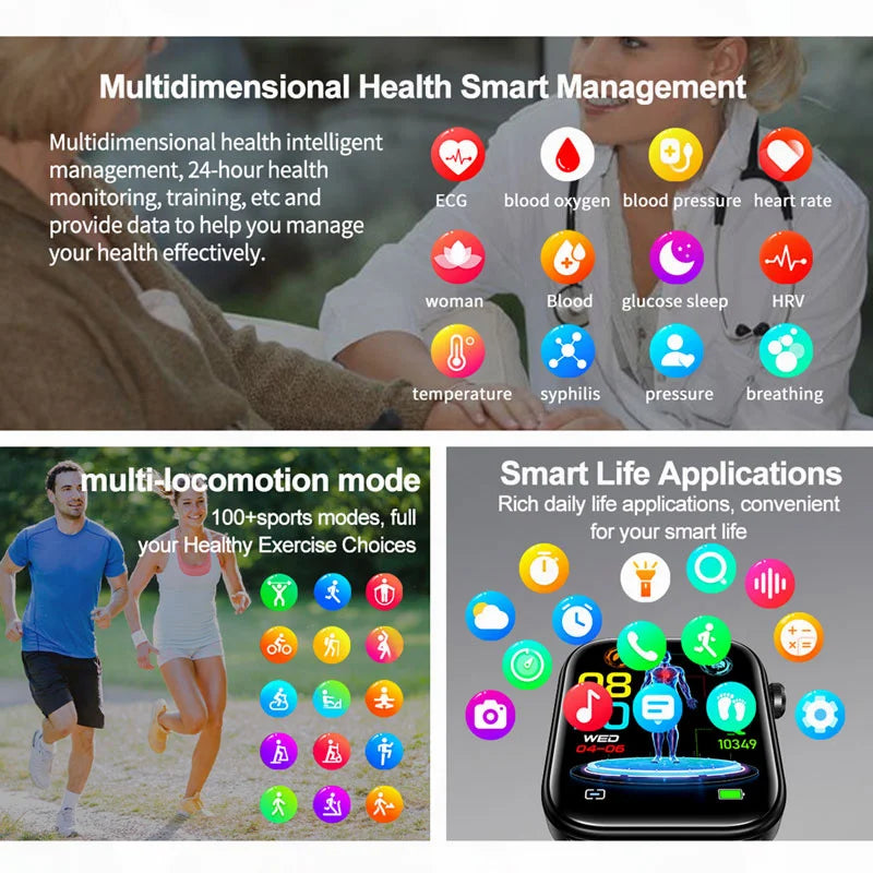 2024 New Medical Grade Smart Watch Women Blood Glucose Lipid Watches AI Diagnostic Health Tracker Bluetooth Call Smartwatch Men