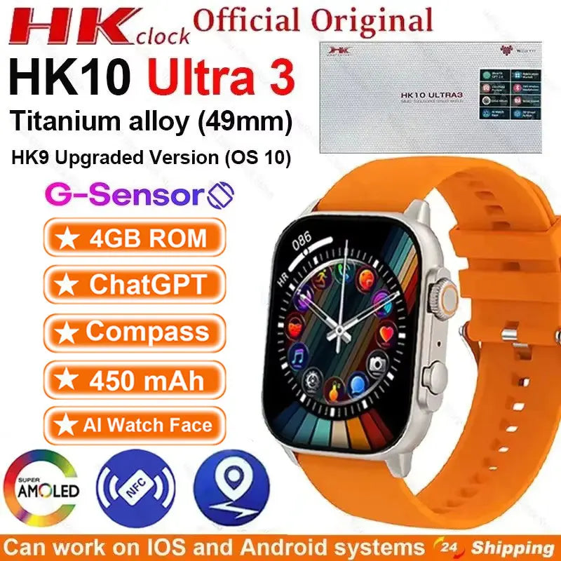 2024 HK10 Ultra3 Smartwatch 49mm HD AMOLED 4G ROM ChatGPT NFC Compass G-Sensor Clock Bluetooth Call Sports Smart Watch Men Women