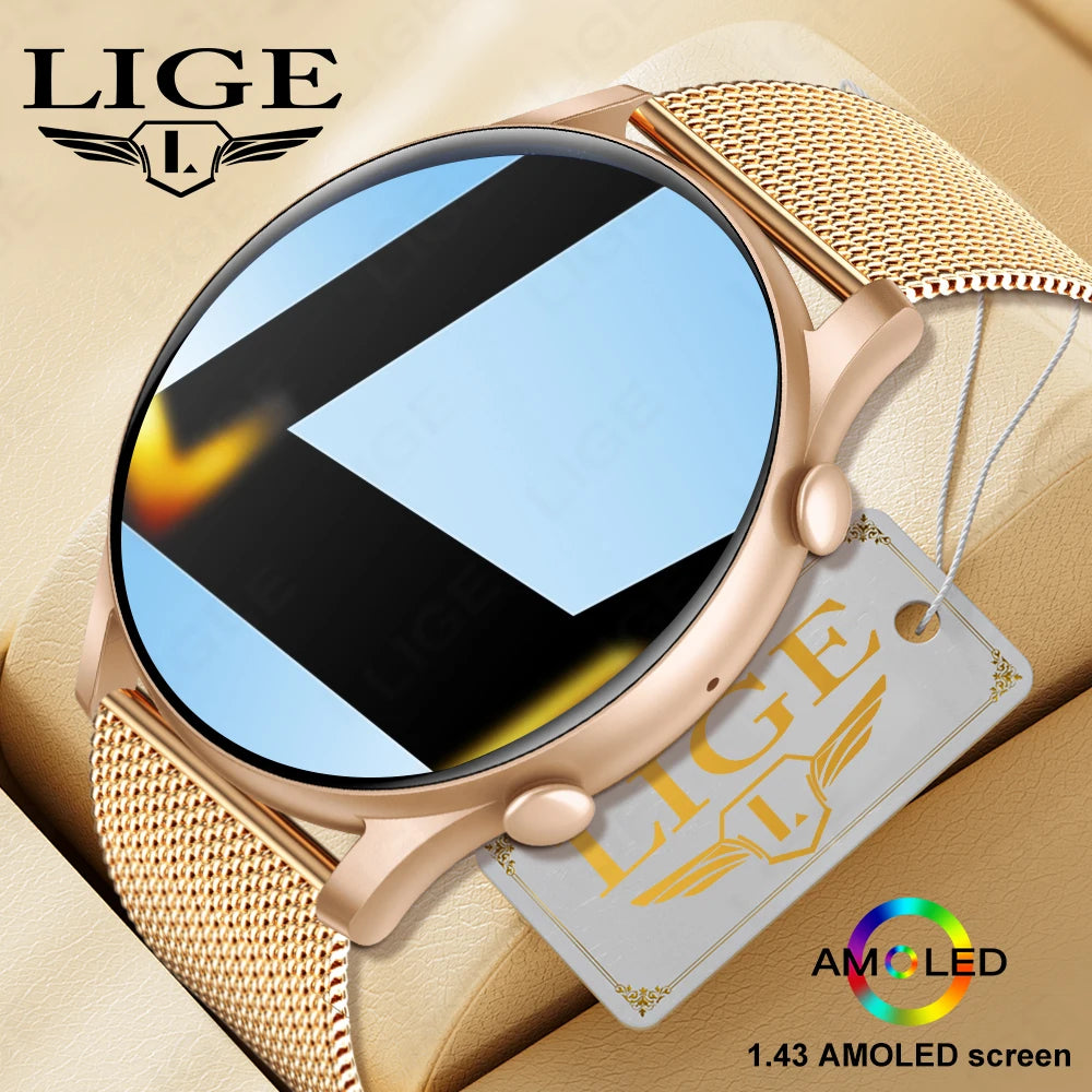 LIGE 2024 Bluetooth Call Smartwatch 1.43'' AMOLED HD Screen Smart Watch for Women Ladies Wristwatch Men Smart Watches, Free Ship