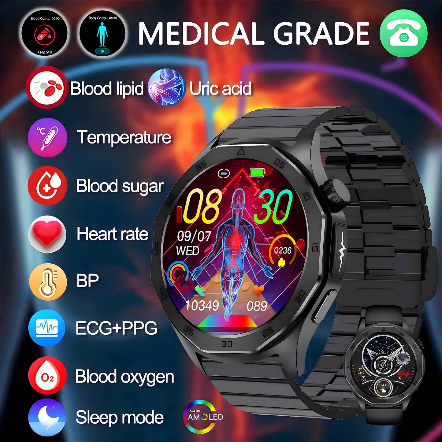 2024 New Medical Grade Smart Watch AI Diagnosi Blood Lipid Uric Acid Body Fat Blood Oxygen ECG+PPG Bluetooth Call Men smartwatch