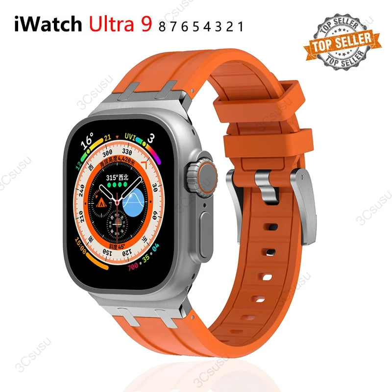 Titanium Color Metal Head Silicone Band for Apple Watch Ultra 2 49mm 45/44/42mm Rubber Strap for Iwatch Series 9 8 7 6 5 4 Se 3