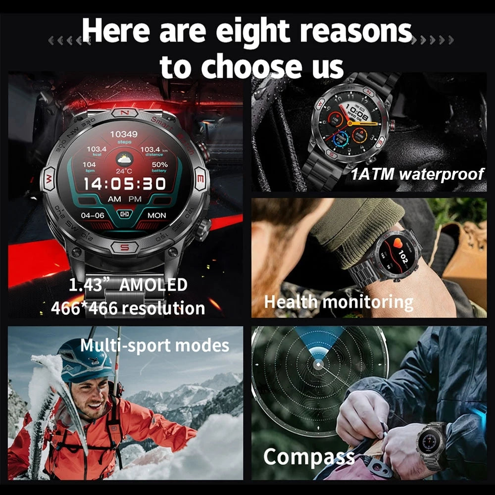 LED Flashlight Smartwatch Men 450mAh Large Battery Health Monitoring IP68 Waterproof Bluetooth Call Smart Watch Men 2024 New