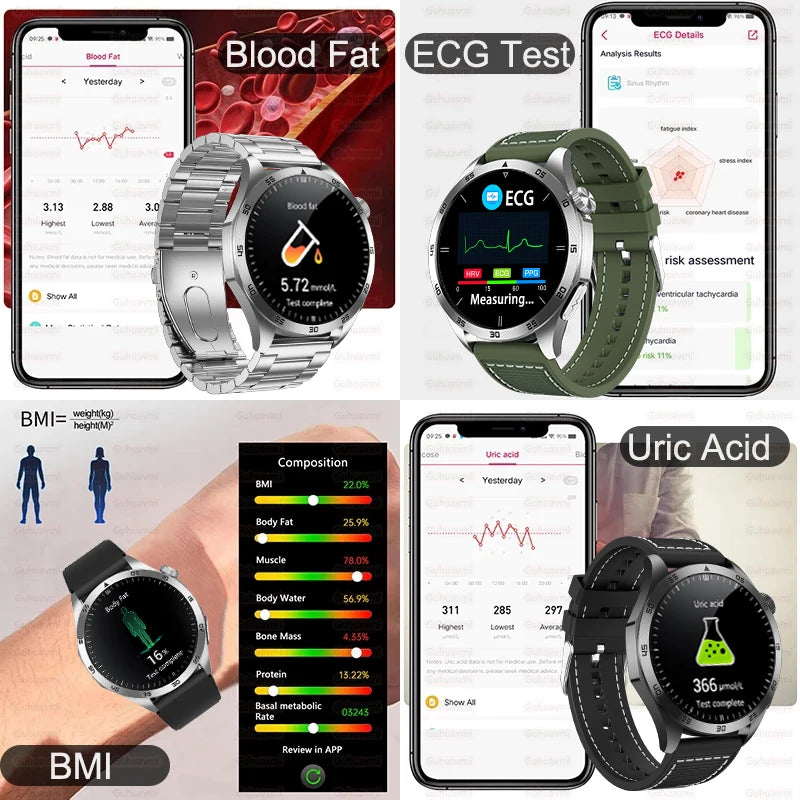 2024 New Blood Lipids Uric Acid Blood Glucose Smart Watch HD AMOLED Screen Men ECG+PPG Bluetooth Call Health tracker Smartwatchs