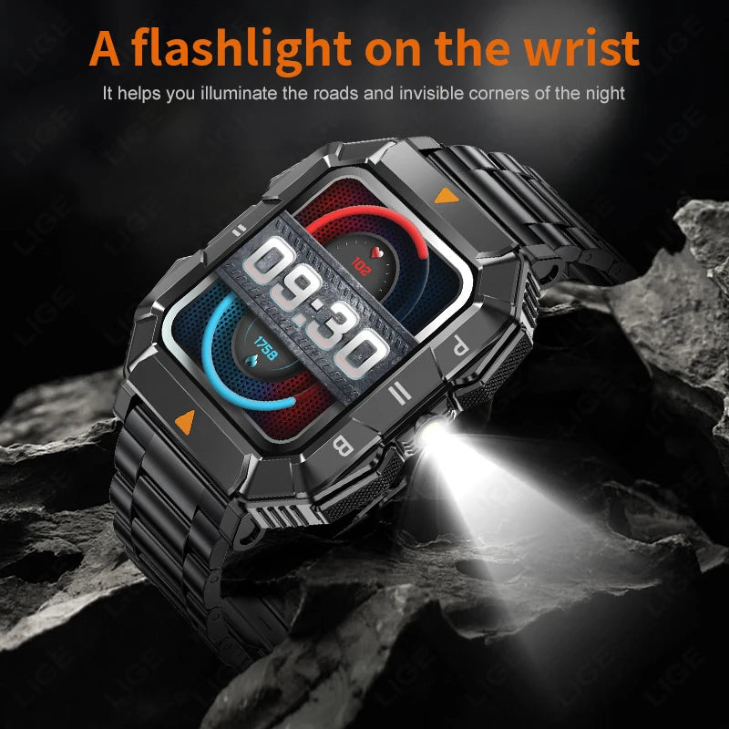 LIGE Smart Watch Men LED Light For Android IOS GPS Hiking Bluetooth Call IP67 Waterproof Military Health Monitor Smartwatch 2024