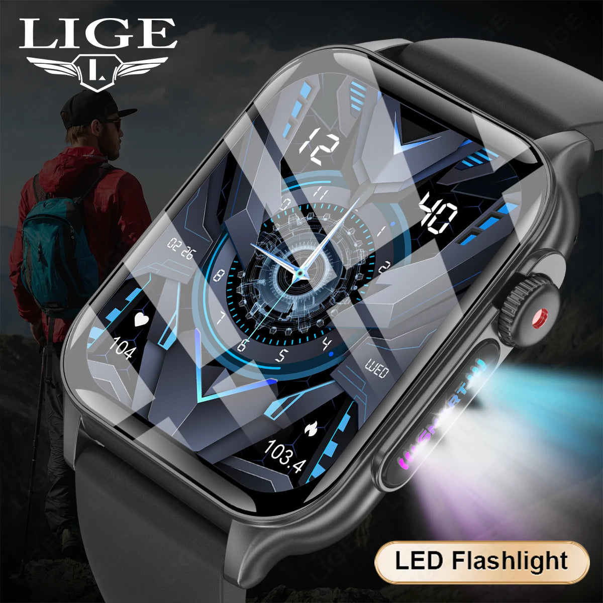 LIGE Smart Watch Men Bluetooth Call Breathing Light 1.96'' HD Screen Outdoor Bracelet Heart Rate Monitoring New Smartwatch 2024