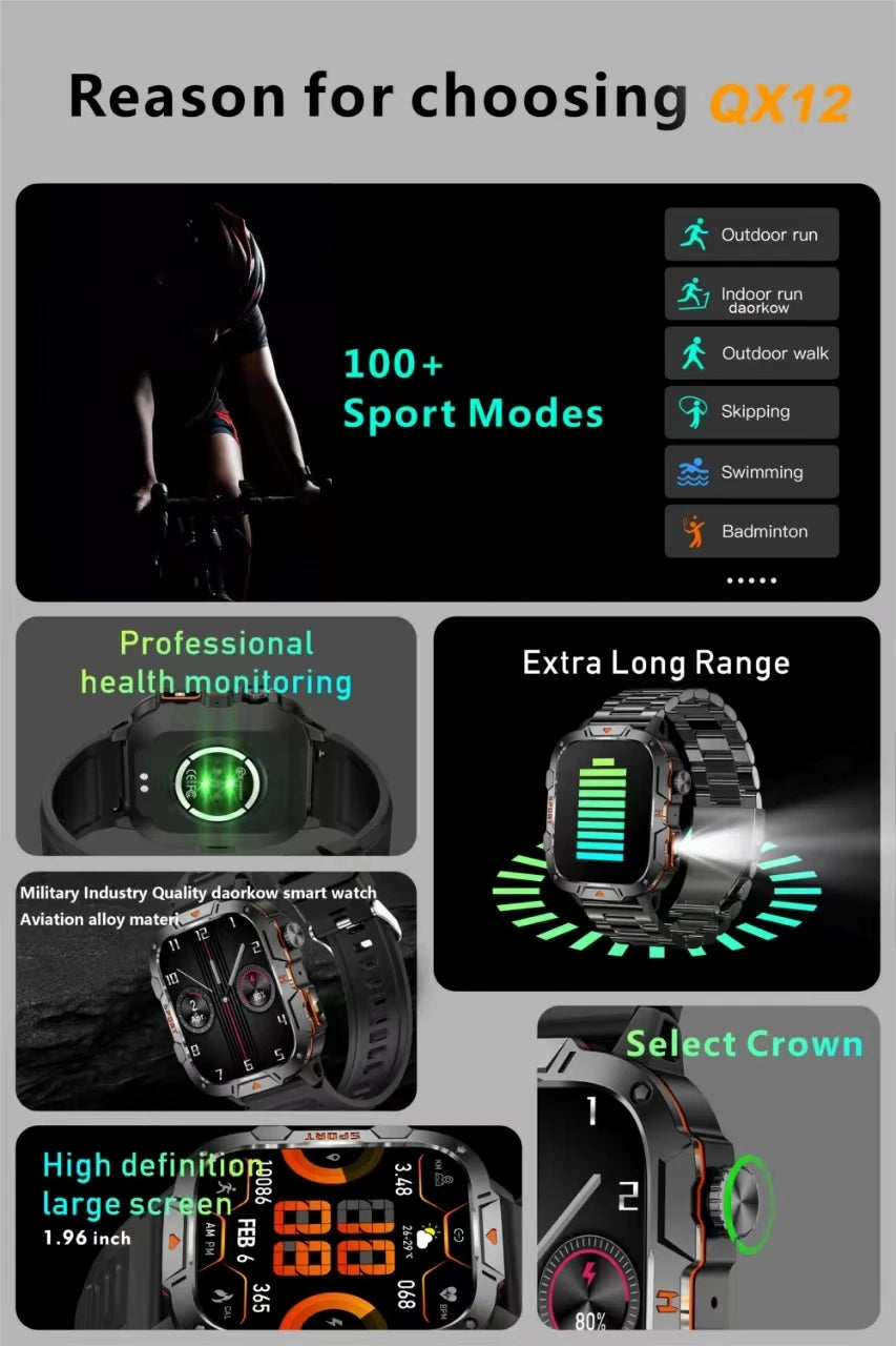 2024 Outdoor Military 3ATM Waterproof Smart Watch Men 420mAh Battery Heart Rate Sports Fitness Watches Bluetooth Call Smartwatch