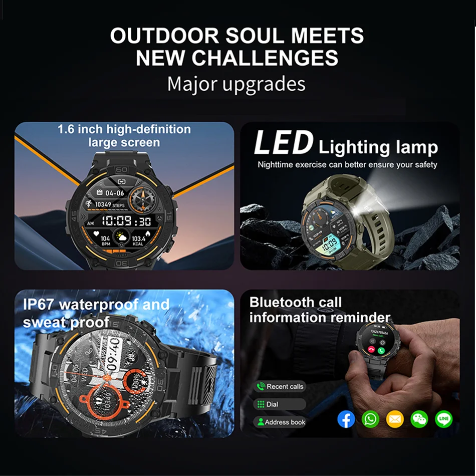 ChiBear 2024 New Smart Watch Men Outdoor Sports LED Lighting 360*360 HD Screen Heart Rate Waterproof Bluetooth Call SmartWatch