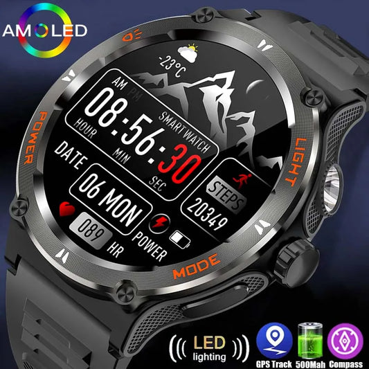 2024 New Outdoor Men Smartwatch 500Mah 3ATM Waterproof LED Light GPS Track Compass Bluetooth Call Smartwatch For Huawei Xiaomi