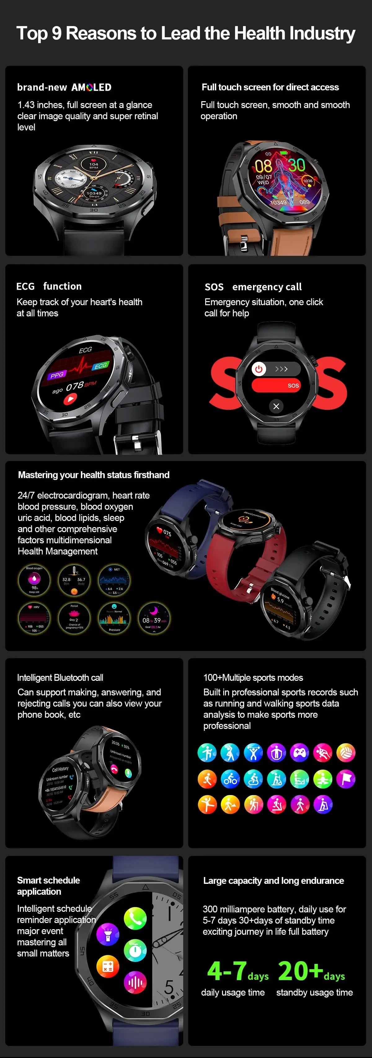 2024 New Medical Grade Smart Watch AI Diagnosi Blood Lipid Uric Acid Body Fat Blood Oxygen ECG+PPG Bluetooth Call Smartwatch Men