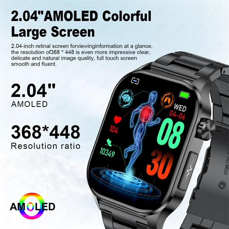 ECG Heart Monitor SOS Bluetooth Call Waterproof Sports Smartwatch 2.04'' HD Screen AI Medical Diagnosis Men Smart Watch 2024 New