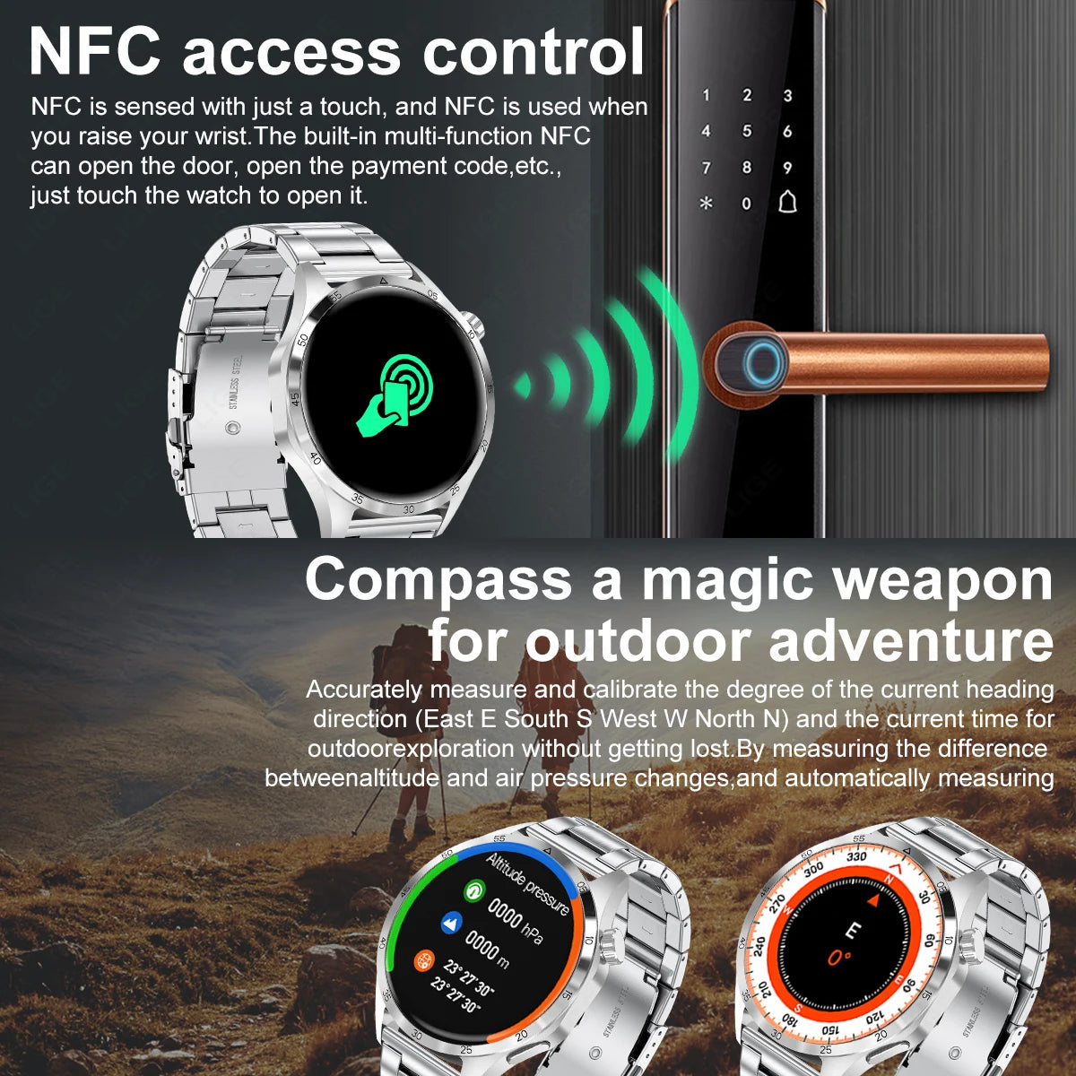 LIGE Smartwatch 2024 Mans NFC GPS Tracker Bluetooth Call Wireless Charging Compass Heart Rate Monitor 360*360 HD Smart Watch Men