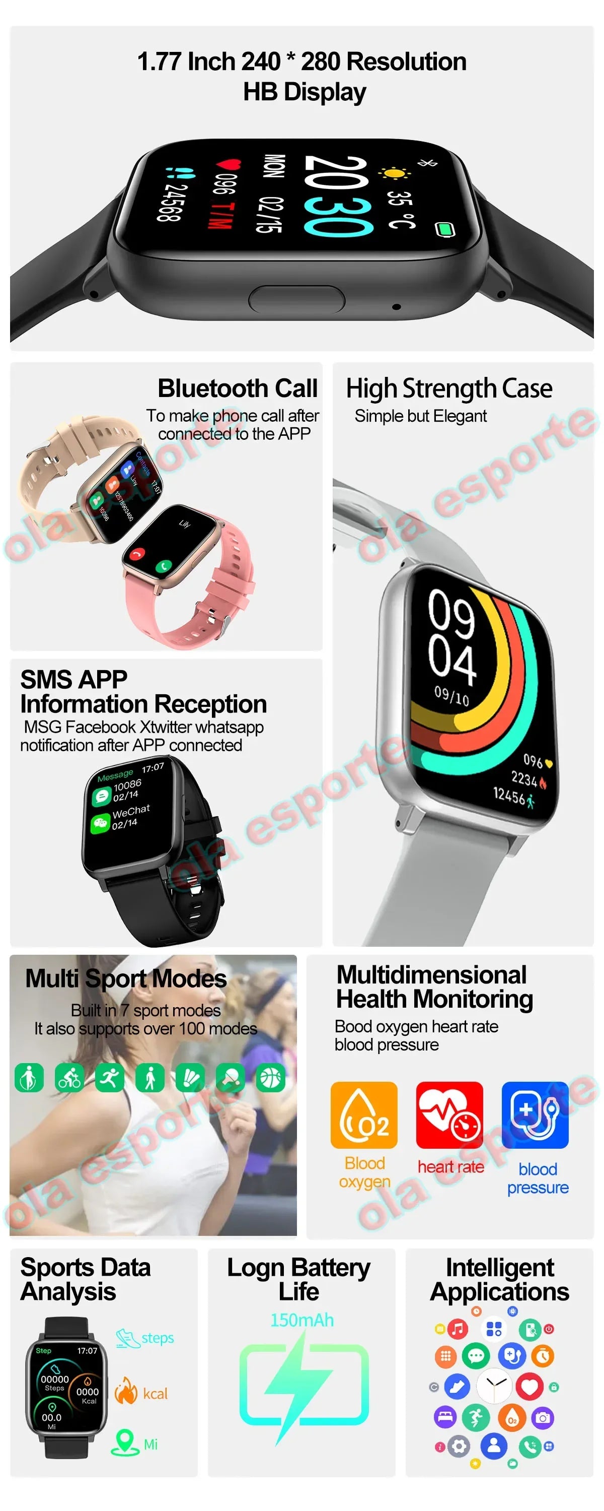 Men And Women Smart Watch Bluetooth Call Sleep Heart Rate Monitor Weather Outdoor Lady Smartwatch 1.77" For Android IOS 2024 New